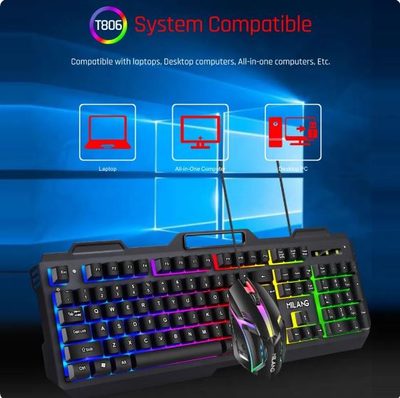 Computer Gamer Backlit Keycaps USB Wired Gaming Keyboard + Mouse Combo