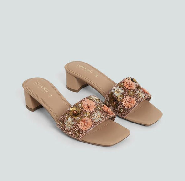 LUNA BLU Floral Sequence Embellished Grey Heel Sandals