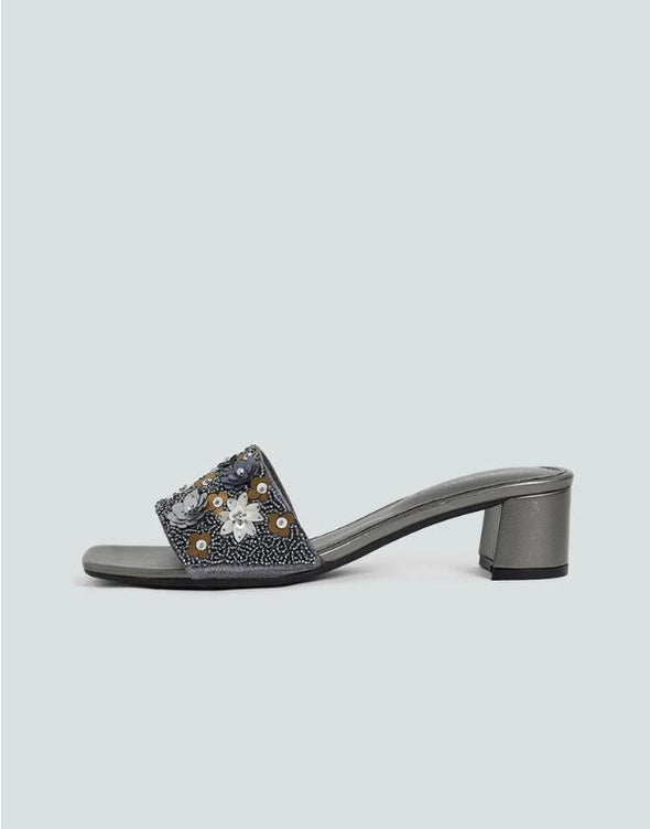 LUNA BLU Floral Sequence Embellished Grey Heel Sandals