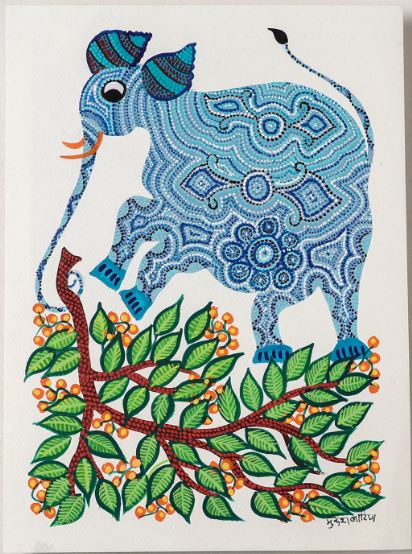 Elephant Grass: Handpainted Bhil Pithora Painting by Geeta Bariya (15 x 11 in)