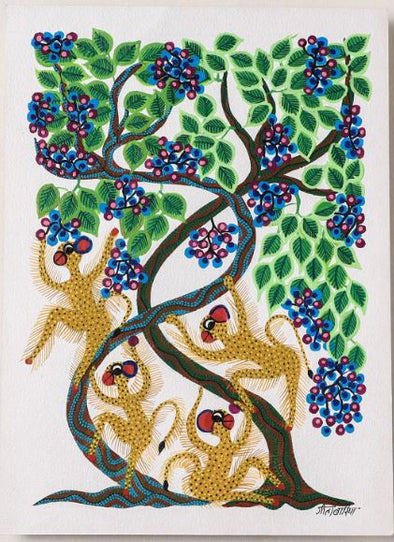 Monkeys on the Tree of Life: Handpainted Bhil Pithora Painting by Geeta Bariya (15 x 11 in)