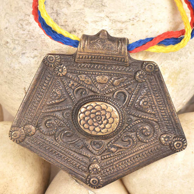 Pentagon, Brass Pendant with Sun Flower Etching, India