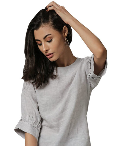 Classic Linen Ruffled Sleeve Top in Heather Grey