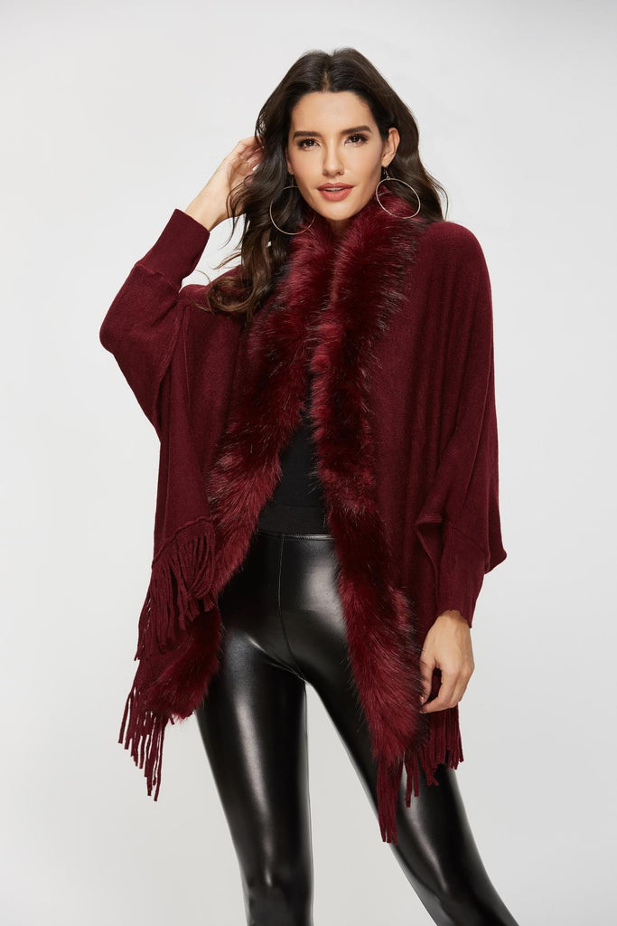 Women's Sweater Coat Shawl Cardigan Batwing Sleeve Faux Fur Collar Loose  Wrap
