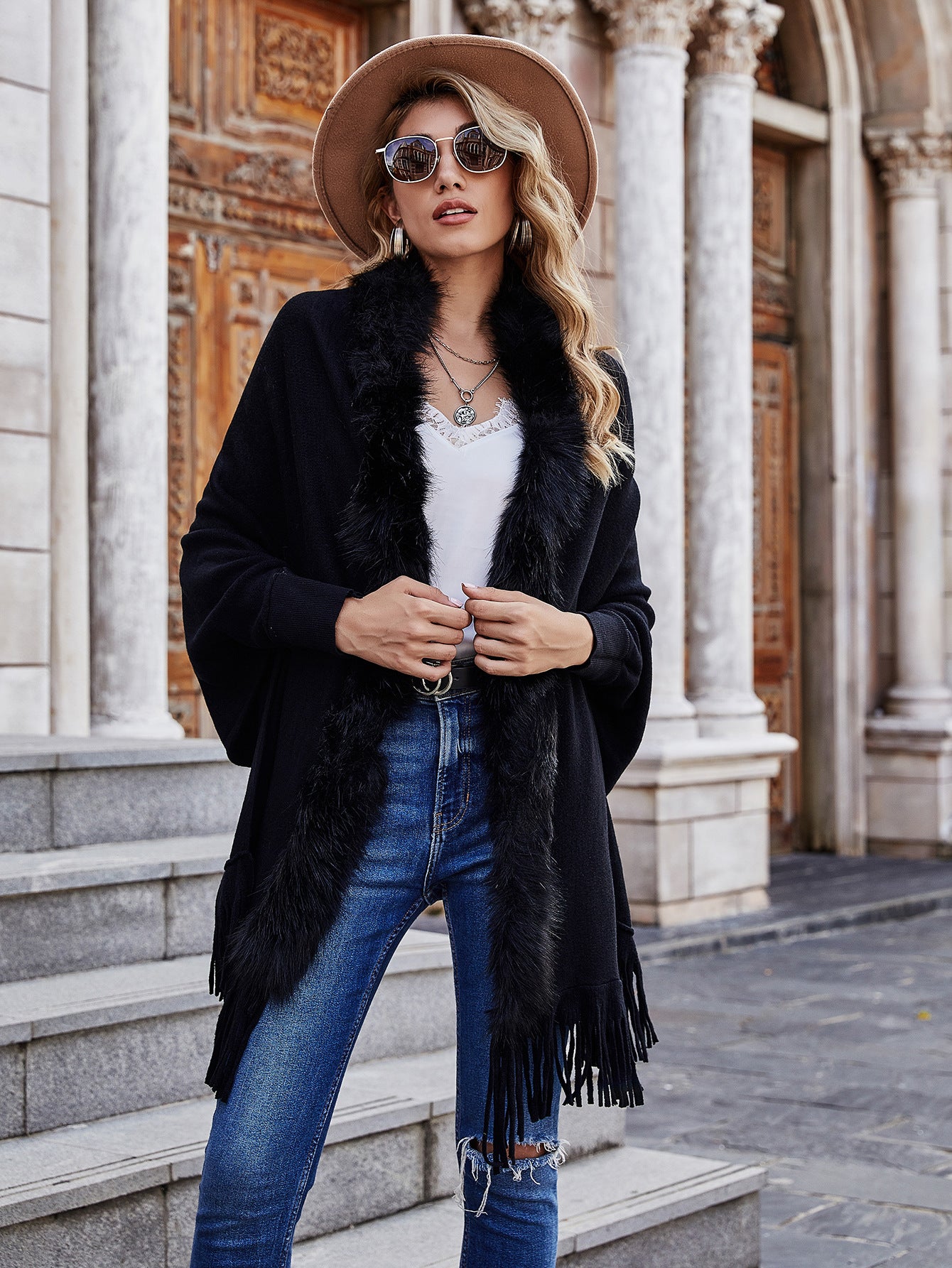 2022 Winter Fur Collar Shawls and Wraps Cardigan Sweater Women