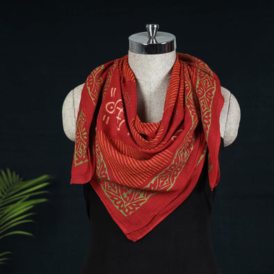 Bagru Wood Block Print Scarf in Saffron/Red/Bodhi Motifs - Lined, 100% Cotton. Rajasthan, India