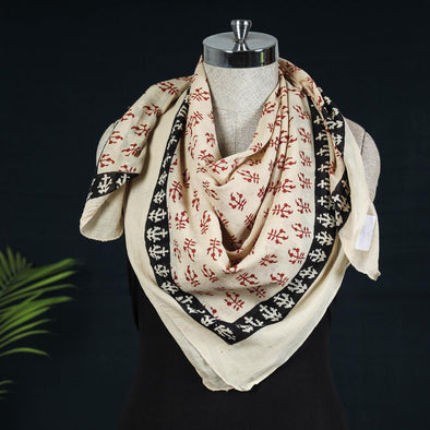 Tibetan White Scarf, Bagru Wood Block Print Scarf. 100% White Cotton. Rajasthan, India