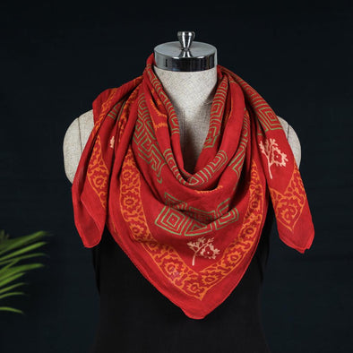 Box Motif Bagru Wood Block Print Scarf in Saffron/Red/Bodhi Scarf, 100% Cotton. Rajasthan, India