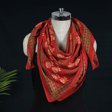 Lotus Motif, Bagru Wood Block Print Scarf in Saffron/Red/Bodhi Scarf, 100% Cotton. Rajasthan, India