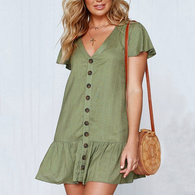 Short Sleeve Ruffle Buttoned Dress